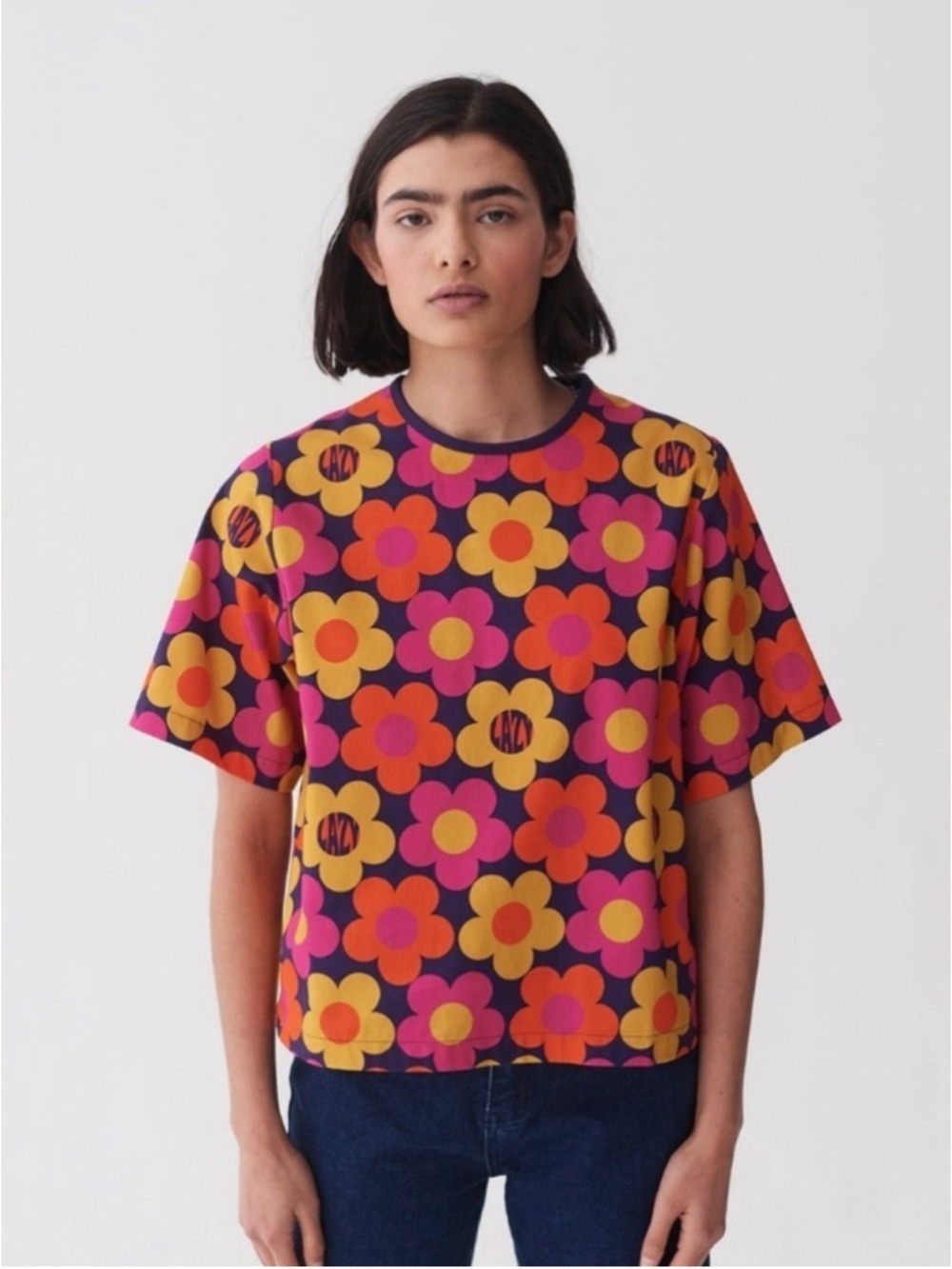 Lazy Oaf '70s Floral Boxy Tee Women's Size Small Retro Colorful Streetwear - Picture 3 of 15